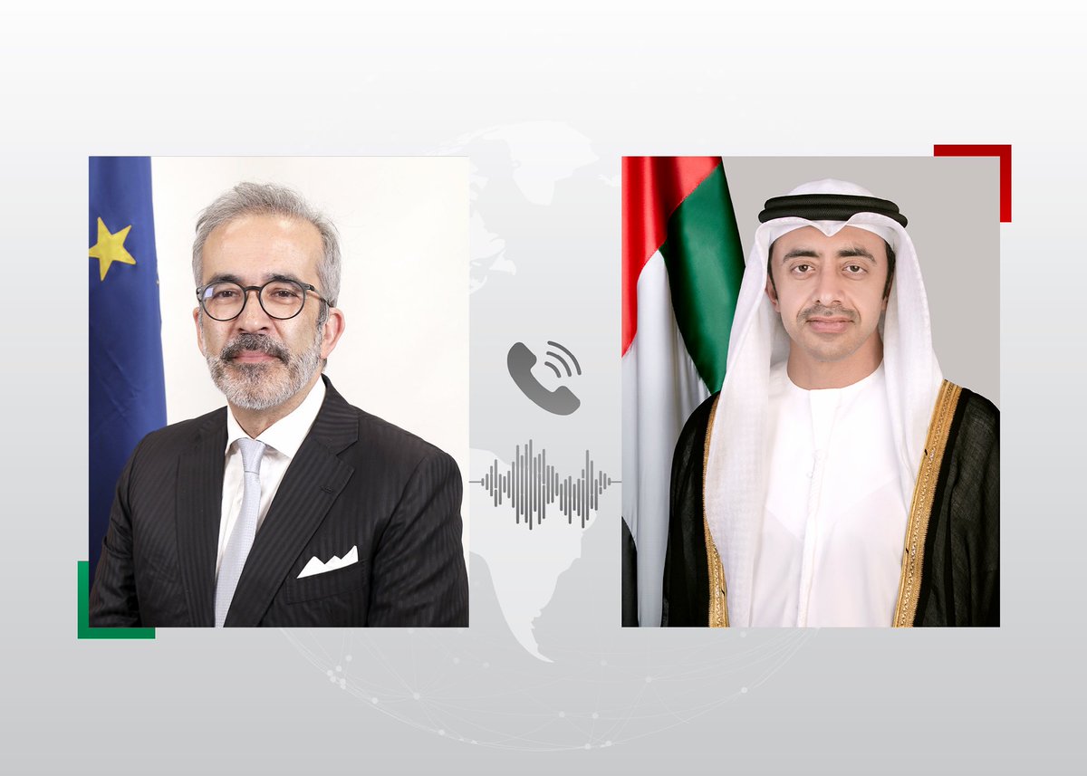 OFMUAE's tweet photo. Abdullah bin Zayed e S.E Paulo Rangel, Ministro dos Negócios Estrangeiros da República Portuguesa, abordaram, durante uma chamada telefónica, os desenvolvimentos regionais e as repercussões dos ataques iranianos terroristas e traiçoeiros, que tiveram como alvo locais e infraestruturas civis nos Emirados Árabes Unidos, bem como as suas graves implicações para a segurança da navegação marítima internacional, o abastecimento energético e a economia mundial. As duas partes abordaram igualmente as relações de amizade e as vias de cooperação entre os dois países. 🇦🇪 🇵🇹