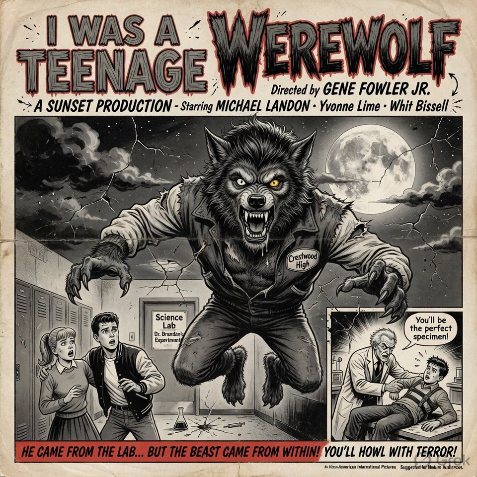 Aussiescribbler's tweet photo. I Was a Teenage Werewolf (1957) (dir. Gene Fowler Jr.) in the style of Wally Wood (1927-1981) #movies #horrormovies #werewolves #MichaelLandon #GeneFowlerJr #artists #Grok https://t.co/bJrgXudRHk