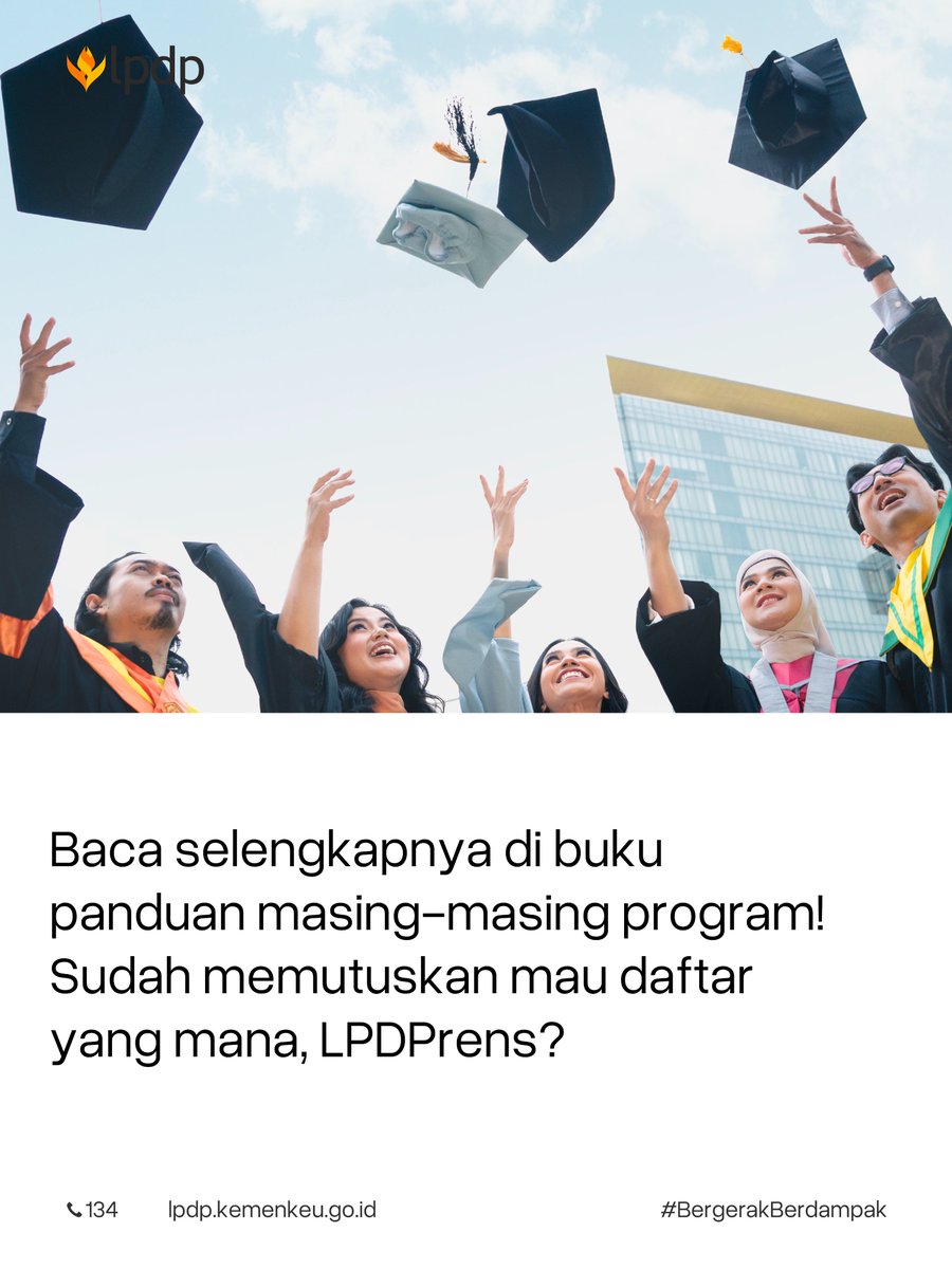 LPDP_RI's tweet photo. Sudah menentukan program mana yang paling sesuai dengan cita-cita dan rencana kontribusimu untuk Indonesia?

Baca panduan lengkapnya dan segera siapkan pendaftaranmu melalui portal LPDP.🤩

#DiriuntukNegeri https://t.co/ppSOaa2ytS