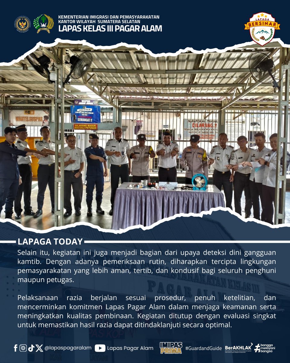 lapaspagaralam's tweet photo. 👮‍♂️ Lapas Kelas III Pagar Alam melaksanakan razia pembersihan dan penertiban di blok hunian serta area rawan.
🤝 Kegiatan ini bertujuan mencegah masuknya barang terlarang, memperkuat keamanan, dan menciptakan lingkungan pemasyarakatan yang aman, tertib, serta kondusif. https://t.co/SRHsi2dbXA