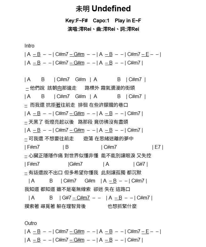 redjay0001's tweet photo. 大家古摸澪~ 
今天的樂譜是 澪Rei的原創曲『未明 Undefined 』

這首主要走在4536上面
但在前副歌和副歌當中穿插了很多的變化
讓整體聽起來更加豐富
也感受到澪鼓勵大家面對人生迷茫時，只要勇往直前，一定可以找到屬於自己的人生道路的✊

這份譜主要參考正式版+其他版本與個人想法
(PDF下收)
#看這狸 https://t.co/Ai2OuXisDn