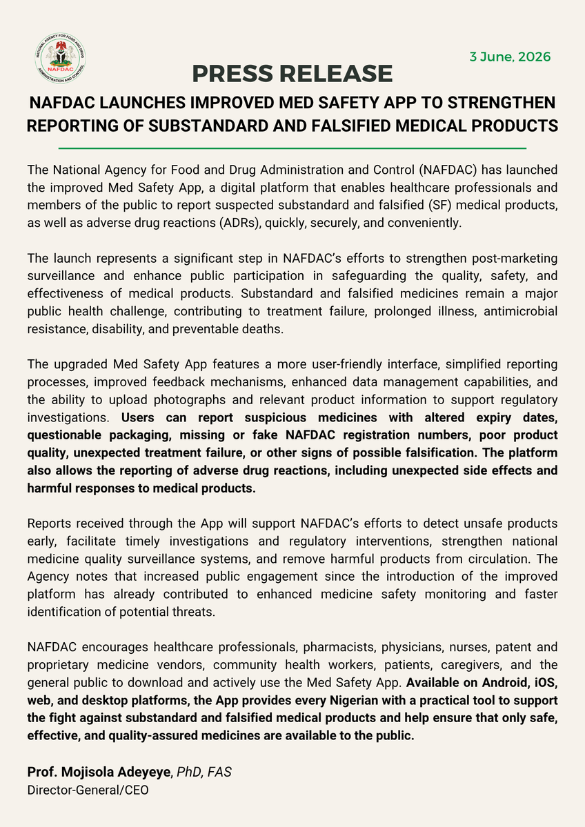 NafdacAgency's tweet photo. 📢 NAFDAC has launched the improved Med Safety App, a digital platform that empowers healthcare professionals and the public to report suspected substandard and falsified medicines, as well as adverse drug reactions, directly to the Agency.

Download the Med Safety App for Android and iOS, and join the collective effort to ensure that only safe, effective, and quality-assured medical products are available in Nigeria.

Read the full press release here https://t.co/aFQTqIS4Hf to learn more about the App’s features and how you can contribute to medicine safety.