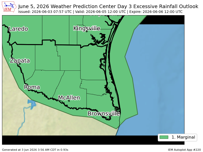 RGVWeatherNow's tweet photo. WPC issues Day 3 Marginal Risk Excessive Rainfall Outlook at Jun 3, 7:57z for BRO https://t.co/1KRNxDtiz8 https://t.co/YZtAfiXXQQ