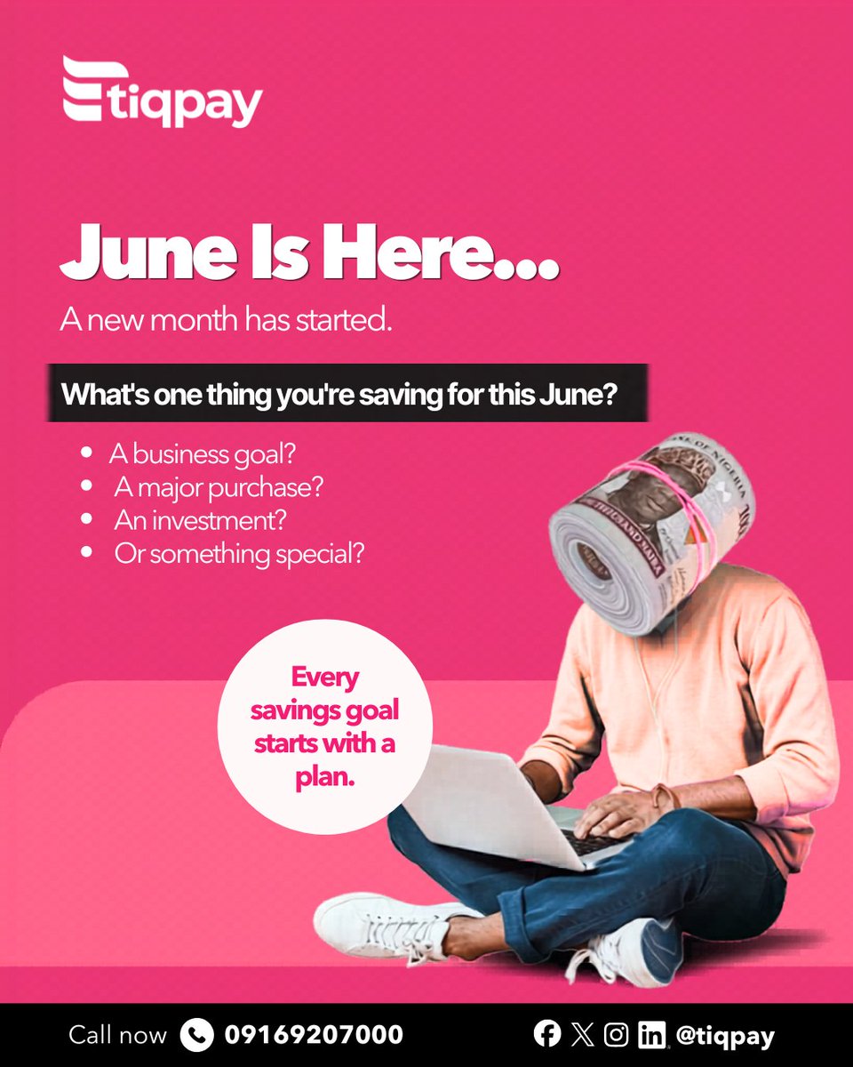 tiqpay's tweet photo. Hello June 💚
A new month means a fresh opportunity to grow, plan better, and move closer to your goals.
What's one financial goal you're focusing on this month? Share it with us in the comments 👇✨
#HelloJune #NewMonth #FinancialGoals #Tiqpay #JuneGoals #SmartMoneyMoves https://t.co/h0H7PdAIW6
