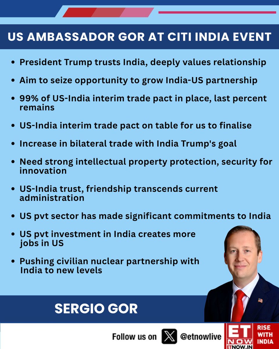ETNOWlive's tweet photo. At a Citi India event, US Ambassador Sergio Gor highlighted that President Trump deeply values ties with India, noting that 99% of an interim trade pact is in place alongside a major push to elevate bilateral trade and civilian nuclear partnerships.

#USIndiaRelations #TradePact #DonaldTrump #BilateralTrade @SergioGor @USAmbIndia