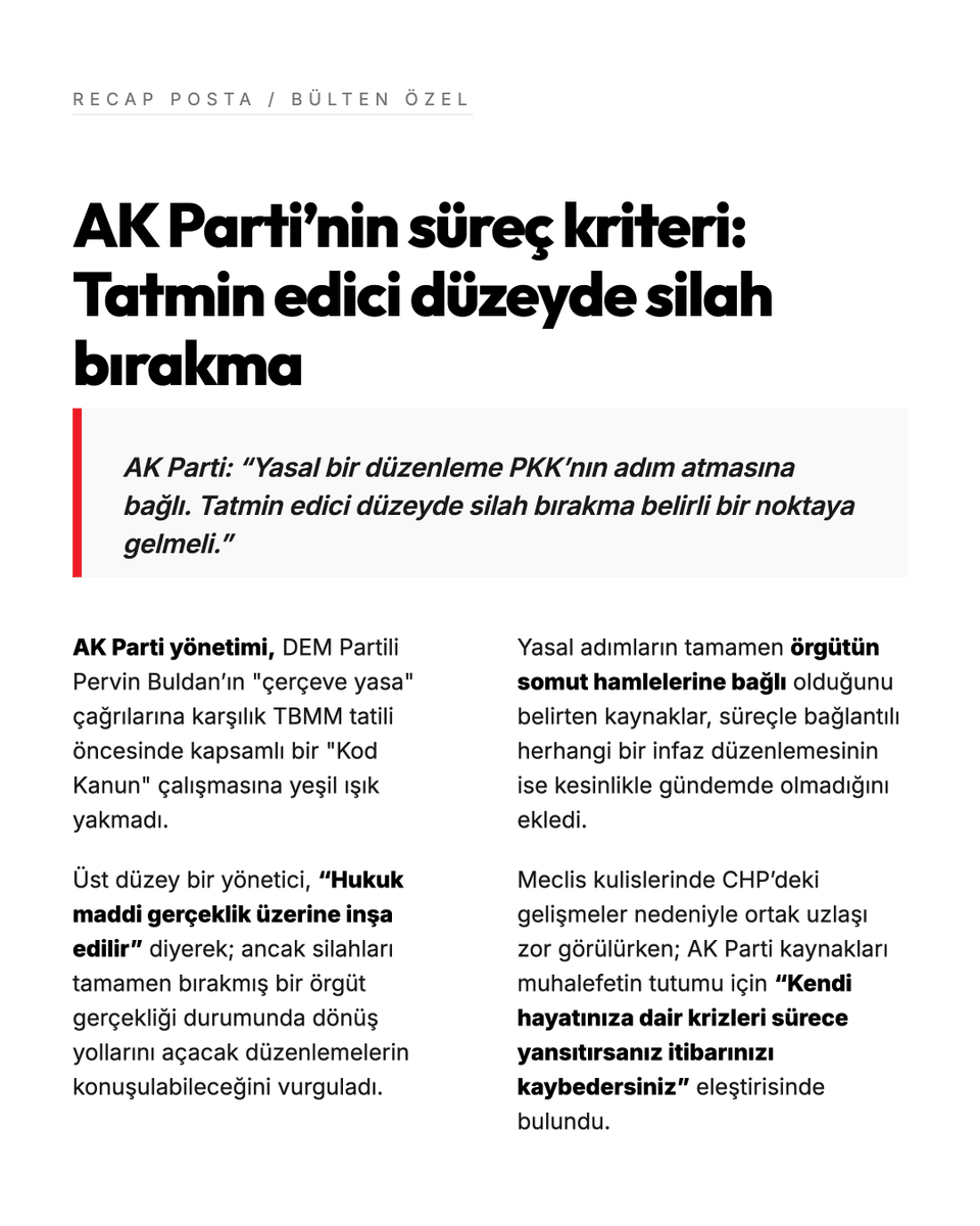 studyorecap's tweet photo. #recapKulis | AK Parti’den süreç açıklaması: "Önce silah bırakma"

DEM Parti’nin "çerçeve yasa" çağrılarına AK Parti yönetimi henüz yeşil ışık yakmadı. Üst düzey bir yönetici, "Yasal bir düzenleme PKK’nın adım atmasına bağlı. 

Tatmin edici düzeyde silah bırakma belirli bir noktaya gelmeli" diyerek infaz düzenlemesinin gündemde olmadığını belirtti.

Daha fazla kulis haberi için: 🔽
https://t.co/0DlqUplsZp