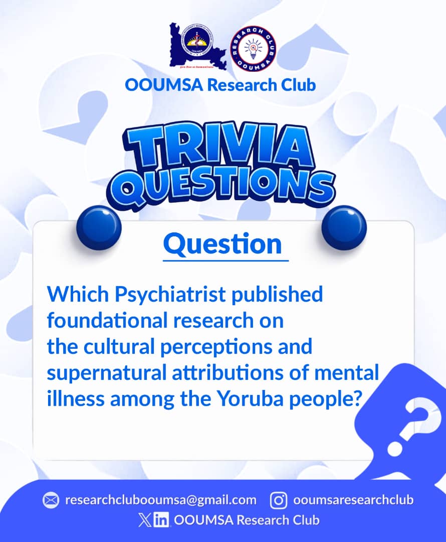 ROoumsa83899's tweet photo. 🔍 TRIVIA TIME!

Think you're a research enthusiast? Here's your challenge for the week:

Which psychiatrist published foundational research on the cultural perceptions and supernatural attributions of mental illness among the Yoruba people? https://t.co/KLIDipAbCn
