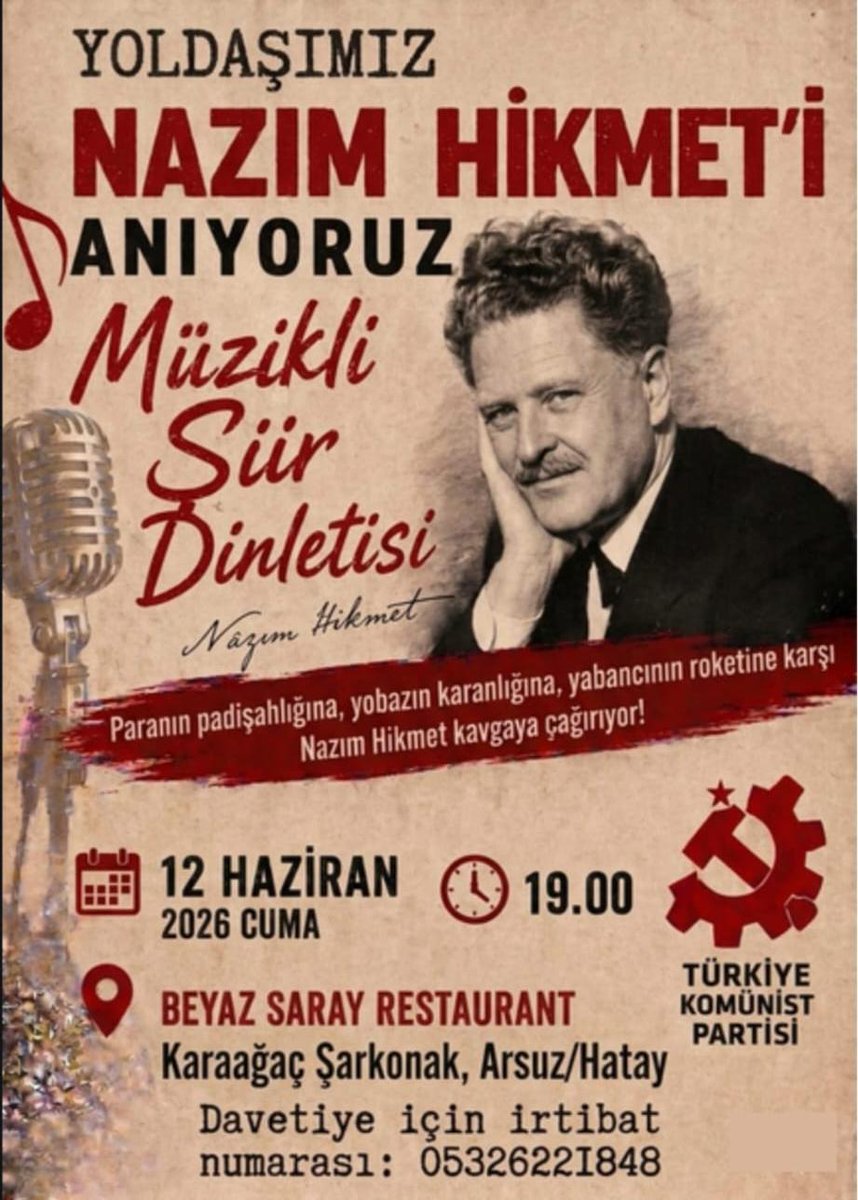 iskenderuntkp's tweet photo. Nazım, dizeleriyle bugün de bize sesleniyor; paranın padişahlığına, yobazın karanlığına ve yabancının roketine karşı mücadeleye çağırıyor.✊

Yoldaşımız Nazım Hikmet'i, ölüm yıldönümünde şiirleriyle anıyoruz. Tüm dostlarımızı etkinliğimize bekliyoruz. https://t.co/8EVzwOrRZo