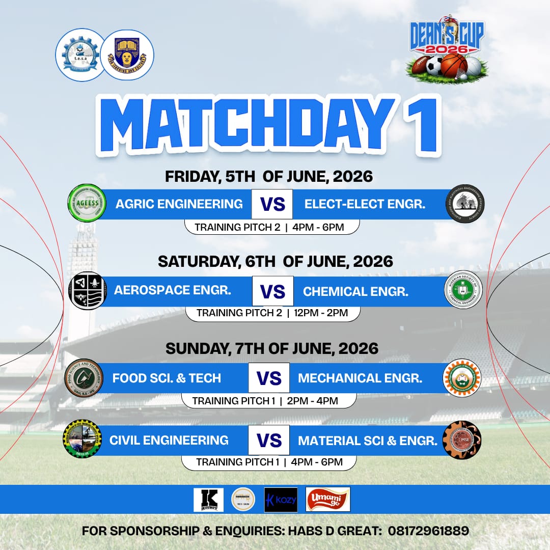 TESA_OAU's tweet photo. 𝐃𝐞𝐚𝐧'𝐬 𝐂𝐮𝐩 '26 | 𝐌𝐚𝐭𝐜𝐡𝐝𝐚𝐲 1

Matchday one is finally here. Clear your schedules this weekend, pick your sides, and come support your department!

Don't miss any action, to follow every action live (big chances, Livescore, goals, etc), use the official Dean's cup website: https://t.co/sE9nUEIX5e
