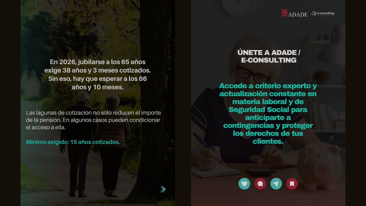 Adade_EConsult's tweet photo. ¿Sabías que las lagunas de cotización pueden afectar tu pensión? La Seguridad Social mejora la cobertura para estos periodos, clave para asegurar una jubilación digna. 

📌 https://t.co/Hmk3knUEdR    

#SeguridadSocial #Jubilación #Pensiones #Laboral #AsesoríaLaboral https://t.co/8E9Xs5bp30