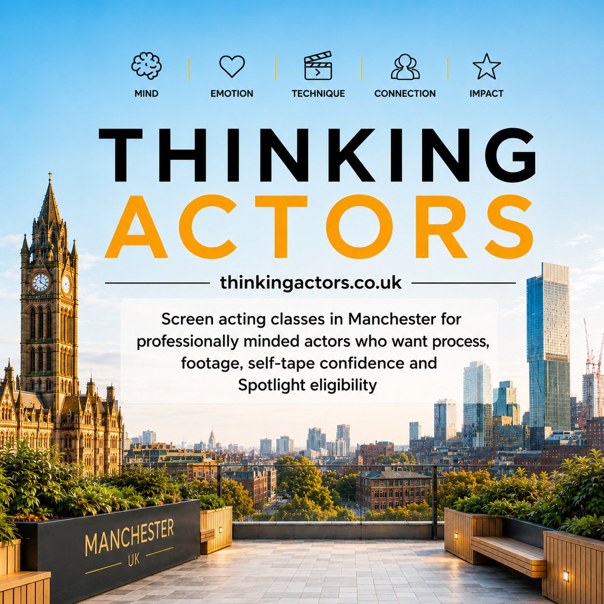 ThinkingActors's tweet photo. Screen acting classes in Manchester for professionally minded actors who want process, footage, self-tape confidence and Spotlight eligibility. https://t.co/sEKtQAZdFq https://t.co/RQrO5TJLs8