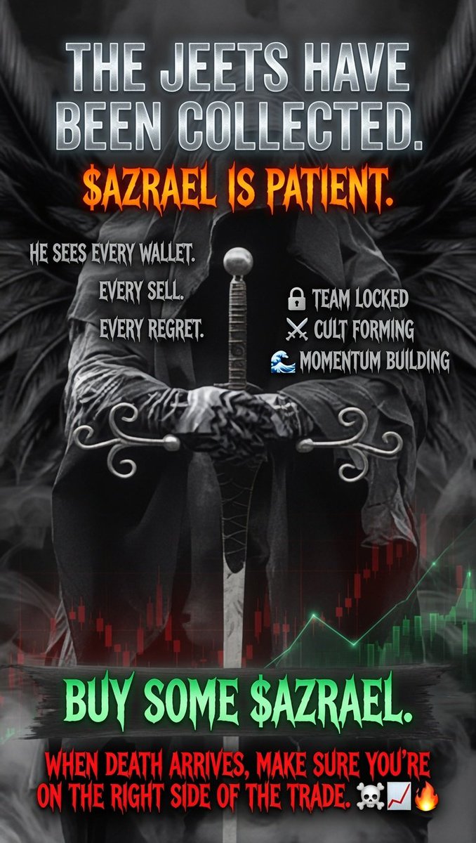 hopuim_monkey's tweet photo. Jeets got shaken out.

The weak already left.

$AZRAEL remains.

Sooner or later Azrael comes for you too.

The only question is:

How much $AZRAEL will you hold when he arrives?

🔒 Team locked 40%
🌊 Next wave loading...
ca: CiFz2Y6QZ3pgzwvLEwT1hgjp2CBwmEDpFaQTRhVnpump https://t.co/WjzsDMQpkw