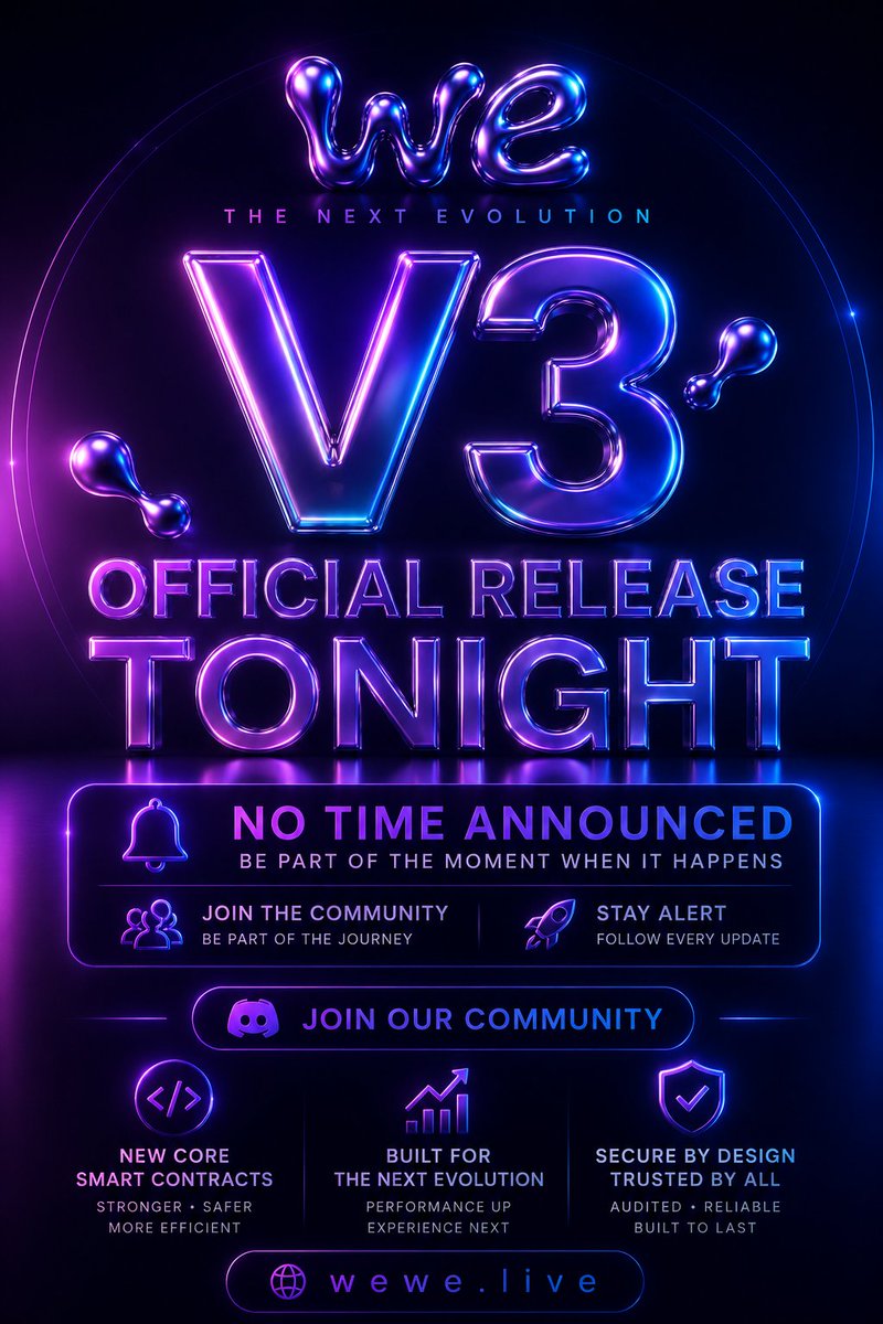 WeWe_live's tweet photo. No announcement.

No countdown.

No second chance to be early.

WEWE V3 goes live tonight.

Public testnet is already open.

Join the community.
Follow the journey.
Be there when history starts.
🌐 https://t.co/OGNZ8JNaGj 
#WEWE #WEWEV3 #MemeCoin #CommunityDriven https://t.co/I3HXrn7A8e