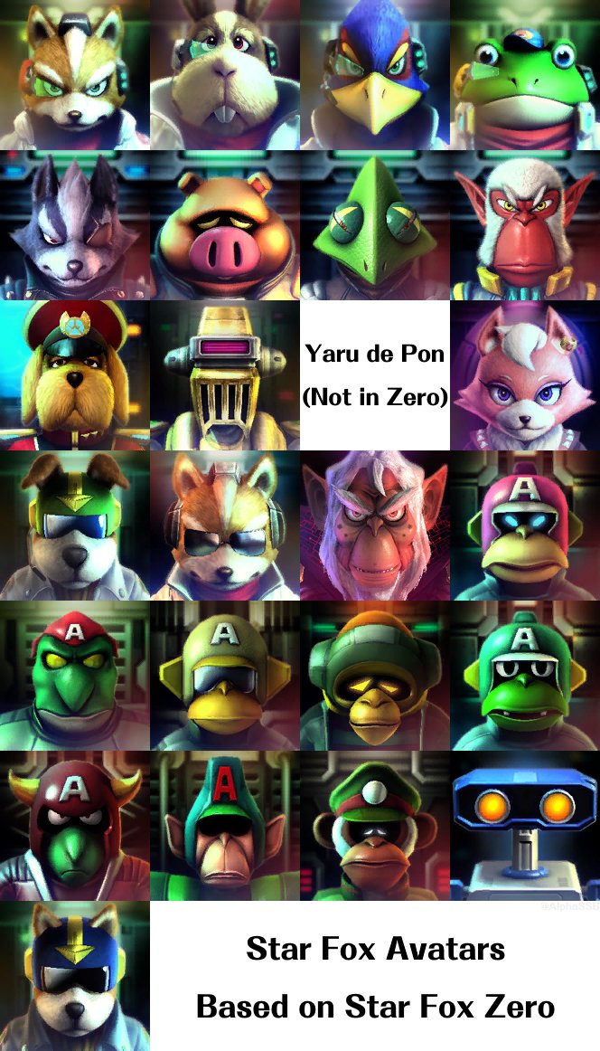 AlphaSSB's tweet photo. Threw these together so the portraits are in the same order as the Avatar menu.

Star Fox 64's portraits brings us to 23/25 unique characters (Spyborg does not have a portrait in the new game), with Zero's Cornerian soldier and Direct-i making 25/25.

Wonder who the last two are? https://t.co/KZTF4yOkG8