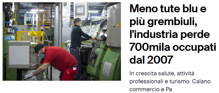 f_burla's tweet photo. Il lavoro è lavoro e non si discute.
L'occupazione è al massimo storico e la disoccupazione ai minimi da vent'anni.
Bene, ma c'è un problema enorme di QUALITA' di questa occupazione che ha molto a che fare con la desertificazione manifatturiera in corso. https://t.co/G1QvgeXqA2