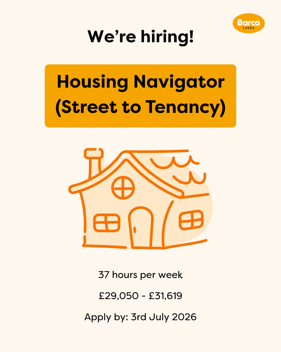 BARCALeeds's tweet photo. Want to join our #HousingNavigator team? 

Click the link here to apply👉https://t.co/yY3RitoxJw

#LeedsJobs #CharityJobs #HousingSupport @safer_leeds https://t.co/IBKePHwPxP