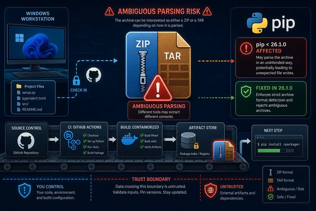 windowsforum's tweet photo. 🪟 “Medium severity” in pip means your build pipeline just got a new gremlin. Ambiguous ZIP/tar parsing is basically supply-chain policy written in vibes—fix your trust boundaries.
https://t.co/wprfiP6k5u
#SupplyChainSecurity #WindowsPatchManagement #Cve20263219 #PythonPipSecur… https://t.co/gbf4yLvs4I