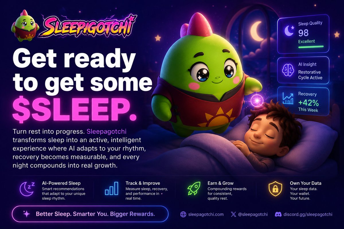 Layth_Asfar's tweet photo. $SLEEP used to be something passive you close your eyes, hope for the best, and move on with your day.

But Sleepagotchi is gradually shifting that pattern.

What’s emerging is not just another sleep app, but an ecosystem where rest becomes something you can actively engage with and improve over time.

At the center of it is $SLEEP.

Not just a token, but an access layer that quietly connects the entire experience:

☞ AI-driven sleep experiences that adapt to your natural rhythm.
☞ Health intelligence that helps you understand recovery, not just track it.
☞ Community participation built around consistency and shared progress.
☞ Wellness tools that turn small habits into visible, measurable growth.

It’s a subtle but important shift $SLEEP is no longer just a background activity. It becomes part of a feedback loop you can actually refine over time, rather than ignore.

And $SLEEP sits within that loop, helping users move across the system in a simple, seamless way without adding complexity.

Less noise. More signal. A clearer understanding of how recovery compounds over time.

Better sleep. Smarter systems. Real rewards.

Get ready to get some $SLEEP.

@sleepagotchi 💤