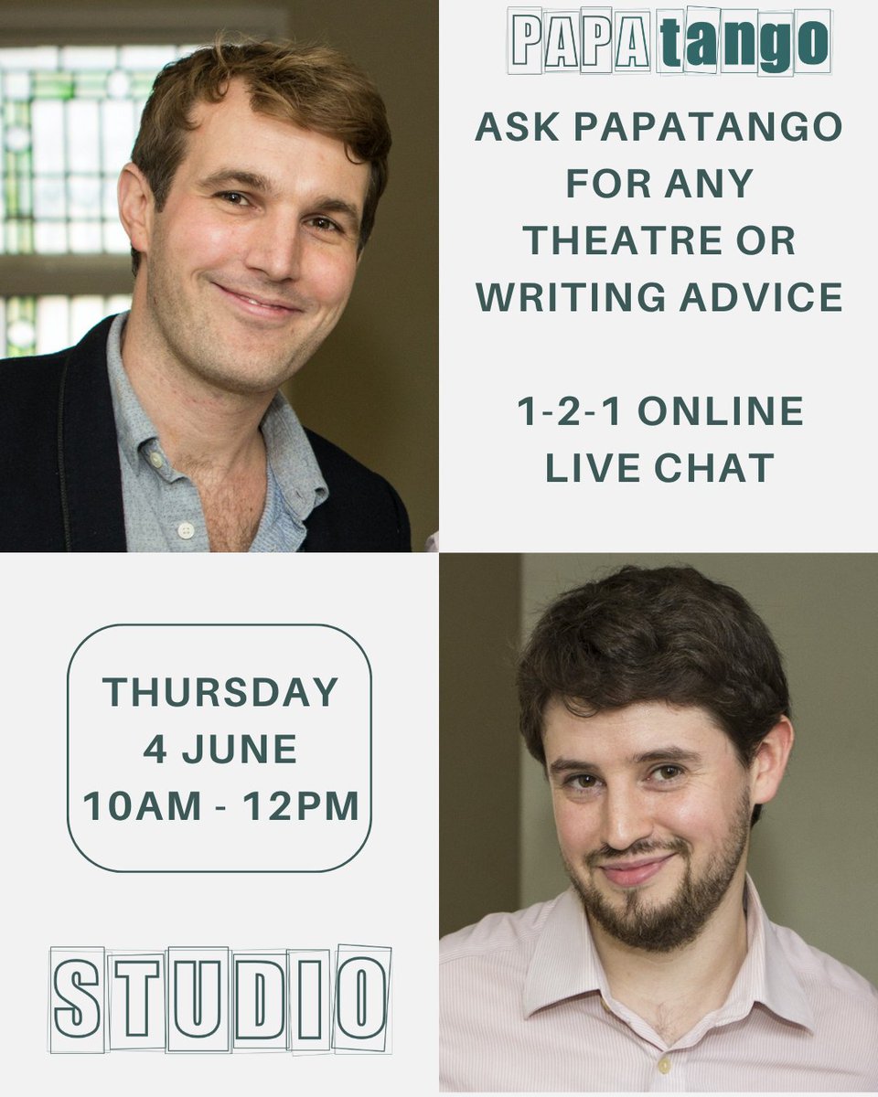 PapatangoTC's tweet photo. Questions about playwriting and theatre? Talk to us! Join us in the #PapatangoStudio for free 1-2-1 online chats between 10am and 12pm on Thursday 4 June.

Log in here: 👉https://t.co/GUHtCYoYLm

#Theatre #Playwriting #Playwrights #TheatreCommunity https://t.co/SY7hSarQvd