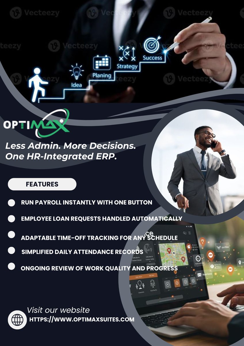 optimaxsuites's tweet photo. Less admin. More decisions. One HR-integrated ERP. Run payroll with one button. Auto-handle employee loan requests. Adaptable time-off tracking. Simplified attendance records. Ongoing performance reviews. Visit https://t.co/Q1YKt2pB2f for more information. https://t.co/LUfQns5DgJ