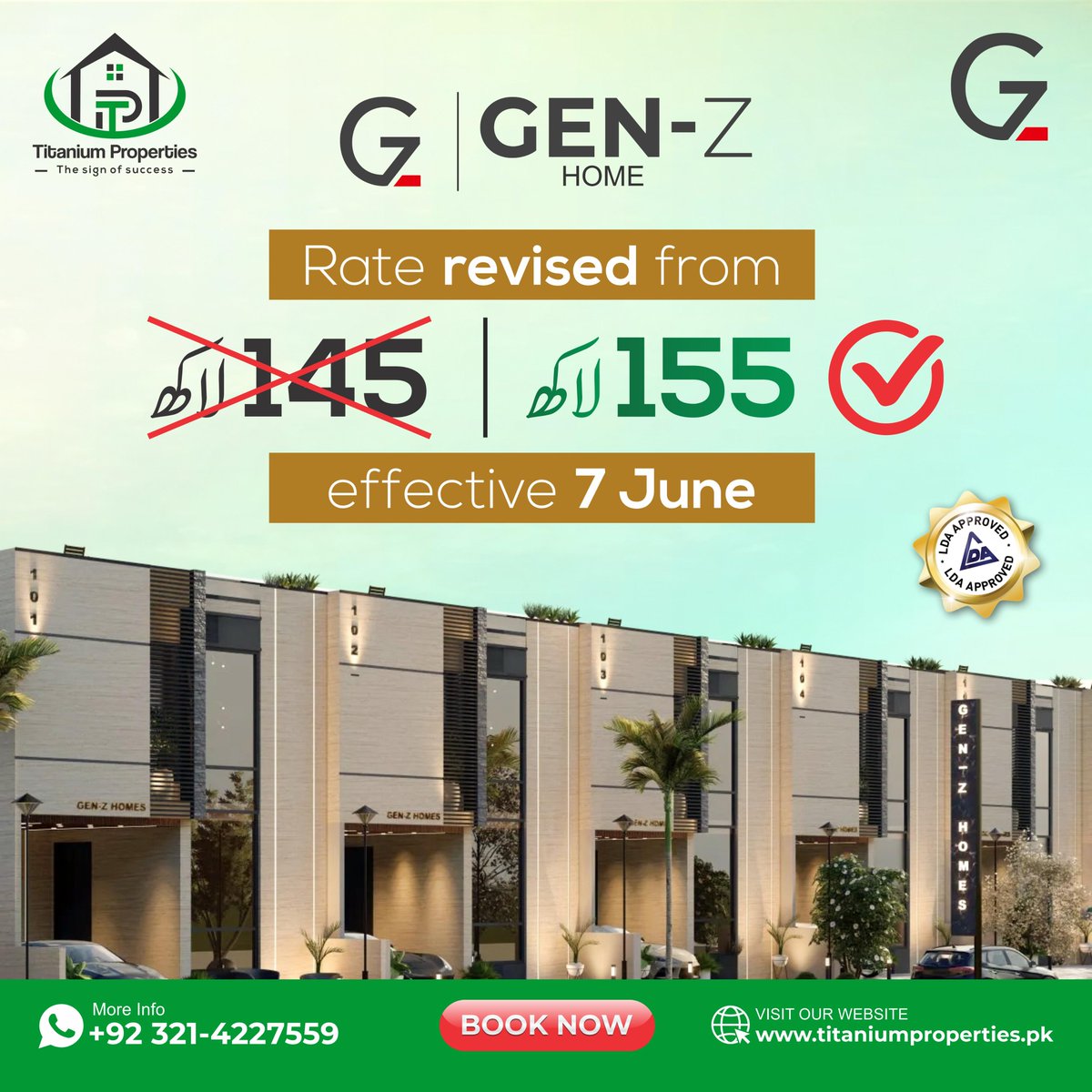 Titanium_Pvt's tweet photo. Urgent Rate Notice! 
📢 As verified in "rate revised form 7 june", Gen-Z Homes Lahore prices are increasing from 145 Lakhs to 155 Lakhs, effective 7 June 2026. 📉⏳

Verified Booking Access:
WhatsApp: https://t.co/K8hDwMUUpG

#GenZHomes #LahoreRealEstate #TitaniumProperties https://t.co/ANaJw2eXZj
