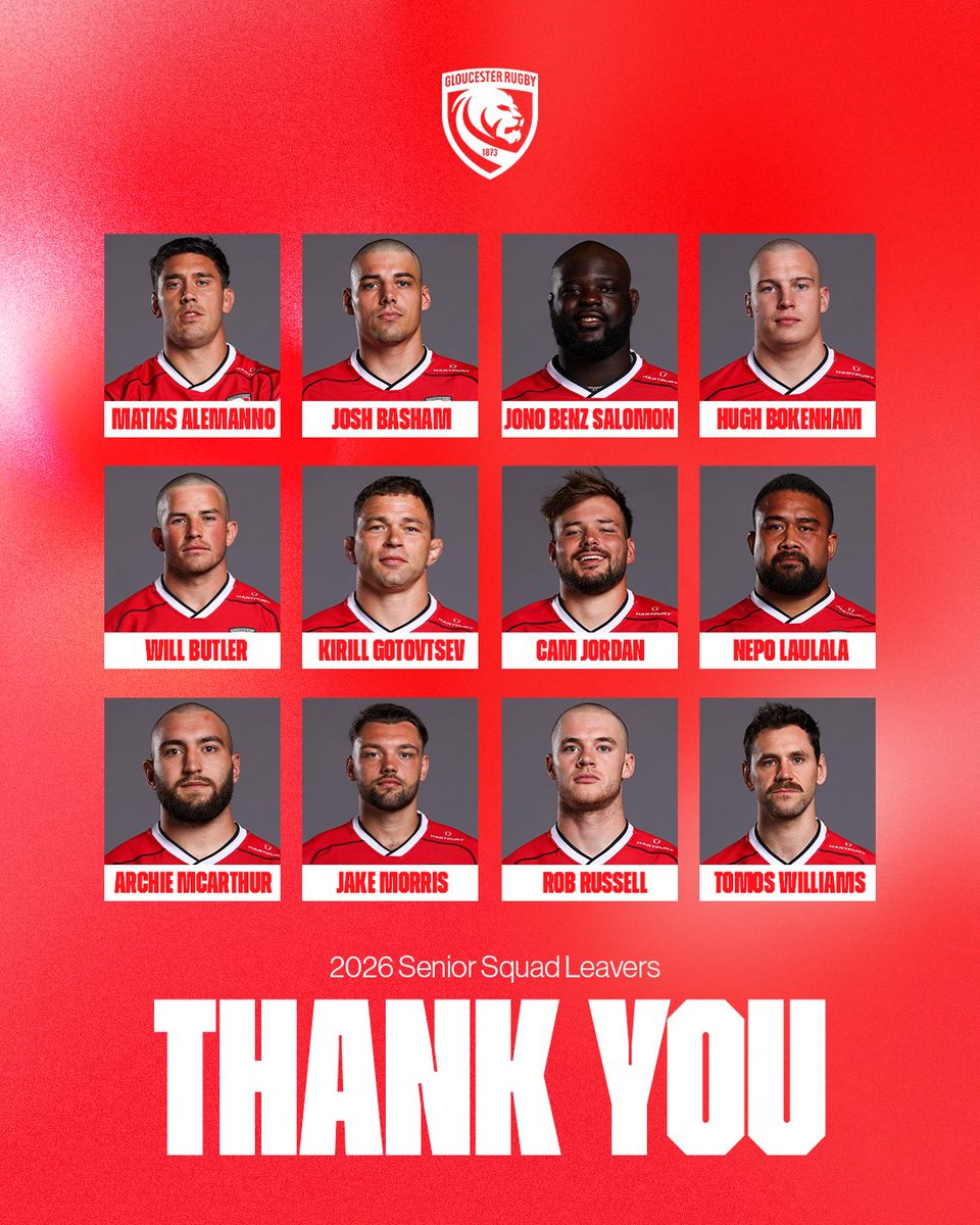 gloucesterrugby's tweet photo. 𝗧𝗛𝗔𝗡𝗞 𝗬𝗢𝗨 🤝

Ahead of our final game of the 2025/26 season, Gloucester Rugby can confirm its end-of-season leavers.

Supporters will get the chance to say goodbye to those departing after Saturday's game, so make sure you stick around after the final whistle.

Read more 👉 https://t.co/Md9gNZEaEG