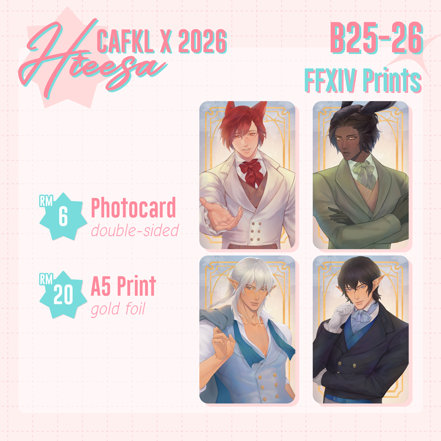 hisa_art's tweet photo. ✨Halloo!✨

I'm back at #CAFKL this year under the artist circle Re:Leaf🌿! 

Now with #2ha and #FFXIV in my catalogue!  🧵(1/2)

#cafklx #cafkl2026 #cafklcatalogue https://t.co/r8Vsck4UAO