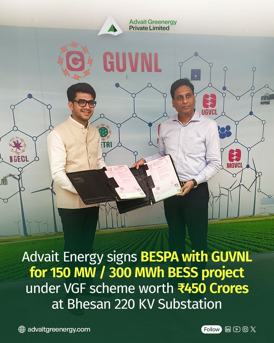 renewablemirror's tweet photo. Advait Energy Subsidiary Secures BESPA for 150 MW Battery Storage Project in Gujarat.
Read More - https://t.co/fqI63gywZW
#AdvaitEnergy #BESS #BatteryEnergyStorage #EnergyStorage #GUVNL #RenewableEnergy #CleanEnergy #EnergyTransition #GridStorage #BatteryStorage #PowerSector https://t.co/Ly9F7qRdan