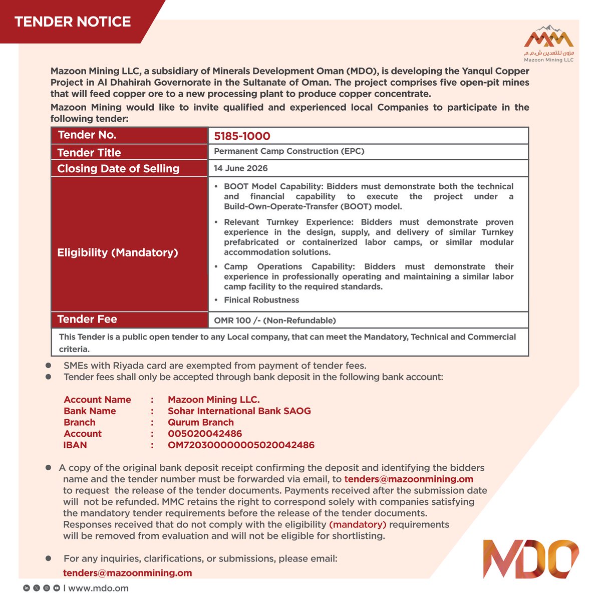 mdo_om's tweet photo. إعلان طرح مناقصة

#تنمية_معادن_عمان

Tender Announcement

#MDO_Oman https://t.co/jhTOjro5Cv