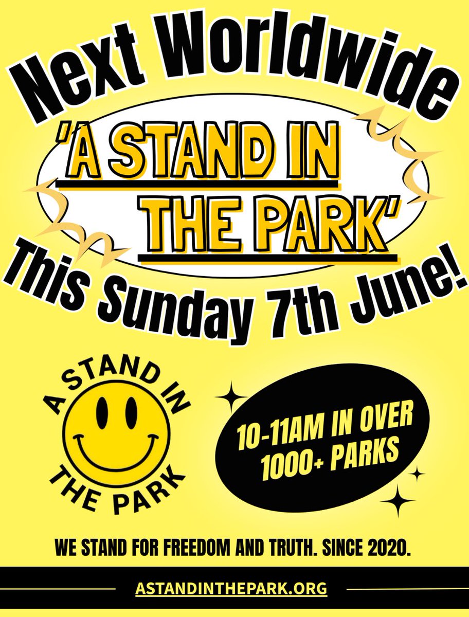officialASITP's tweet photo. A Stand in the Park is on this weekend! Truth and freedom lovers all over the world meet every first Sunday 10-11am to connect, share knowledge and make a stand. To find your local Stand see comments 💛 https://t.co/owvJq4Kdkf
