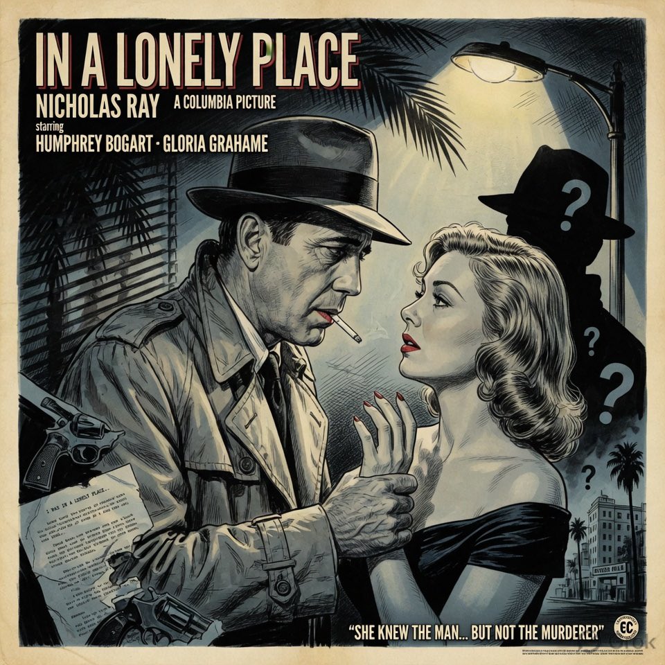 Aussiescribbler's tweet photo. In a Lonely Place (1950) (dir. Nicholas Ray) in the style of Reed Crandall (1917-1982) #movies #filmnoir #HumphreyBogart #GloriaGraham #NicholasRay #DorothyBHughes #artists #Grok https://t.co/Ad4cU3r99u