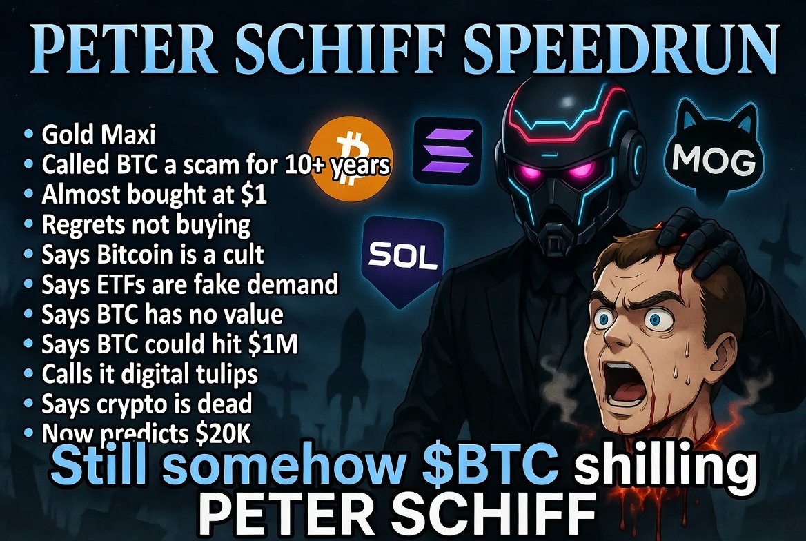 LongBullz's tweet photo. Peter Schiff called $BTC a Ponzi at $1, watched it hit $100K, and still thinks he's winning 😡

like refusing a job at $AAPL  in 1997 and never shutting up about it.👽🚀 https://t.co/FgtA1jVGHk