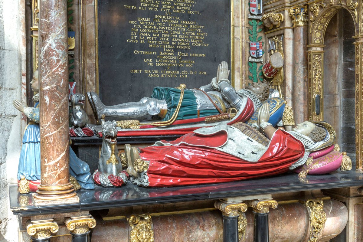 wabbey's tweet photo. Inside the Abbey's St Edmund's chapel is the tomb of Edward Talbot, Earl of Shrewsbury (died 1618), and his wife Lady Jane.

Edward predeceased his wife, and she commissioned a large monument for him made of alabaster and marble. His effigy wears armour, with a talbot (a medieval hunting dog) at his feet. Jane was buried with him following her death in 1626 and her effigy wears an ermine-lined red mantle, with a griffin at her feet.