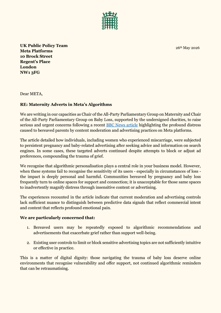 MichelleWelshMP's tweet photo. Alongside key charities and organisations, Andy MacNae MP and I recently wrote to Meta highlighting the distress they are causing bereaved parents through their advertising practices. 

This is about dignity, and those navigating baby loss should not be re-traumatised through Meta's algorithms. 

Our letter ⬇️📄