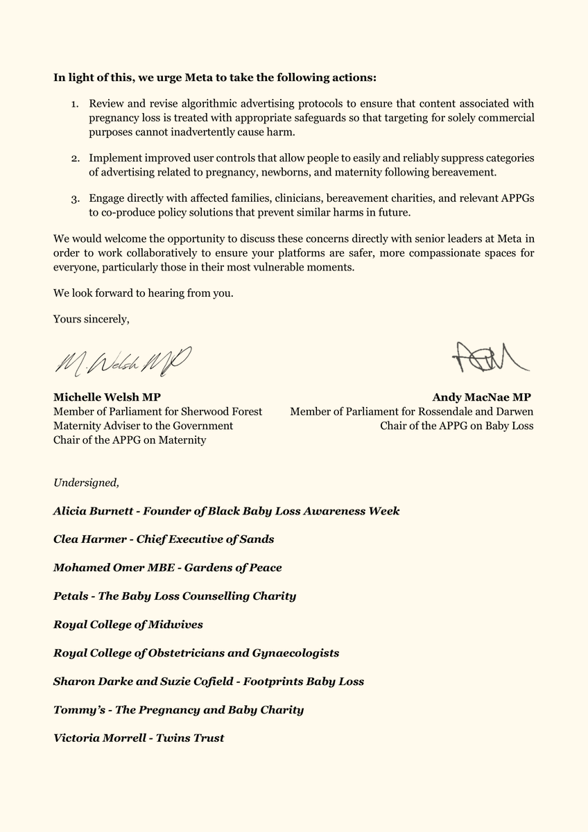 MichelleWelshMP's tweet photo. Alongside key charities and organisations, Andy MacNae MP and I recently wrote to Meta highlighting the distress they are causing bereaved parents through their advertising practices. 

This is about dignity, and those navigating baby loss should not be re-traumatised through Meta's algorithms. 

Our letter ⬇️📄