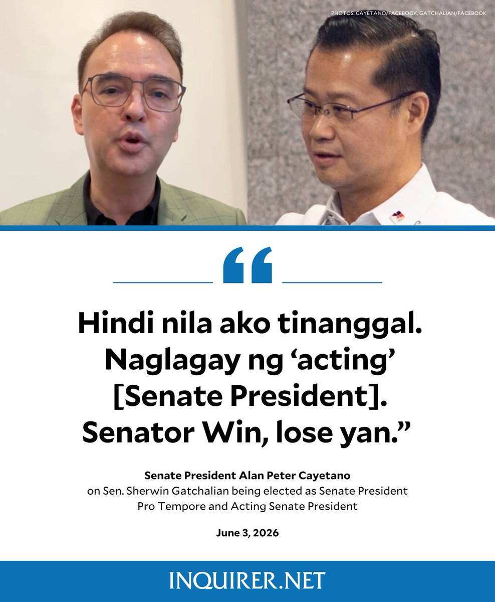 inquirerdotnet's tweet photo. ‘SENATOR WIN, LOSE YAN’
 
Senate President Alan Peter Cayetano remained firm that he is still in control of the Senate as he has not been replaced and that newly-elected Senate President Pro Tempore Sherwin Gatchalian only serves in an “acting” capacity.

READ MORE: https://t.co/2Wt29wHDxj