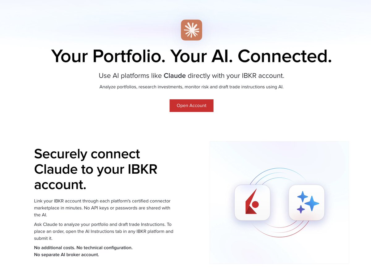 AxelPariss's tweet photo. 🚨 Énorme nouvelle pour les investisseurs Interactive Brokers

IBKR se connecte désormais directement à Claude (l'IA d'Anthropic).

Leur connecteur (officiel) permet de lier son compte gratuitement et vous avez accès aux données suivantes :
→ les espèces (EUR, USD...)
→ votre portefeuilles (positions ouvertes...)
→ votre historique d'ordres
→ recherche d'un titre et des données de prix

Et surtout, ils permettent de préparer des ordres (prêt à être confirmé en 1 clic sur l'interface IBKR).

Rendez-vous cette semaine sur ma chaine Youtube pour découvrir ça 💪

En savoir plus sur le connecteur Claude d'IBKR : https://t.co/08mP9vtajD