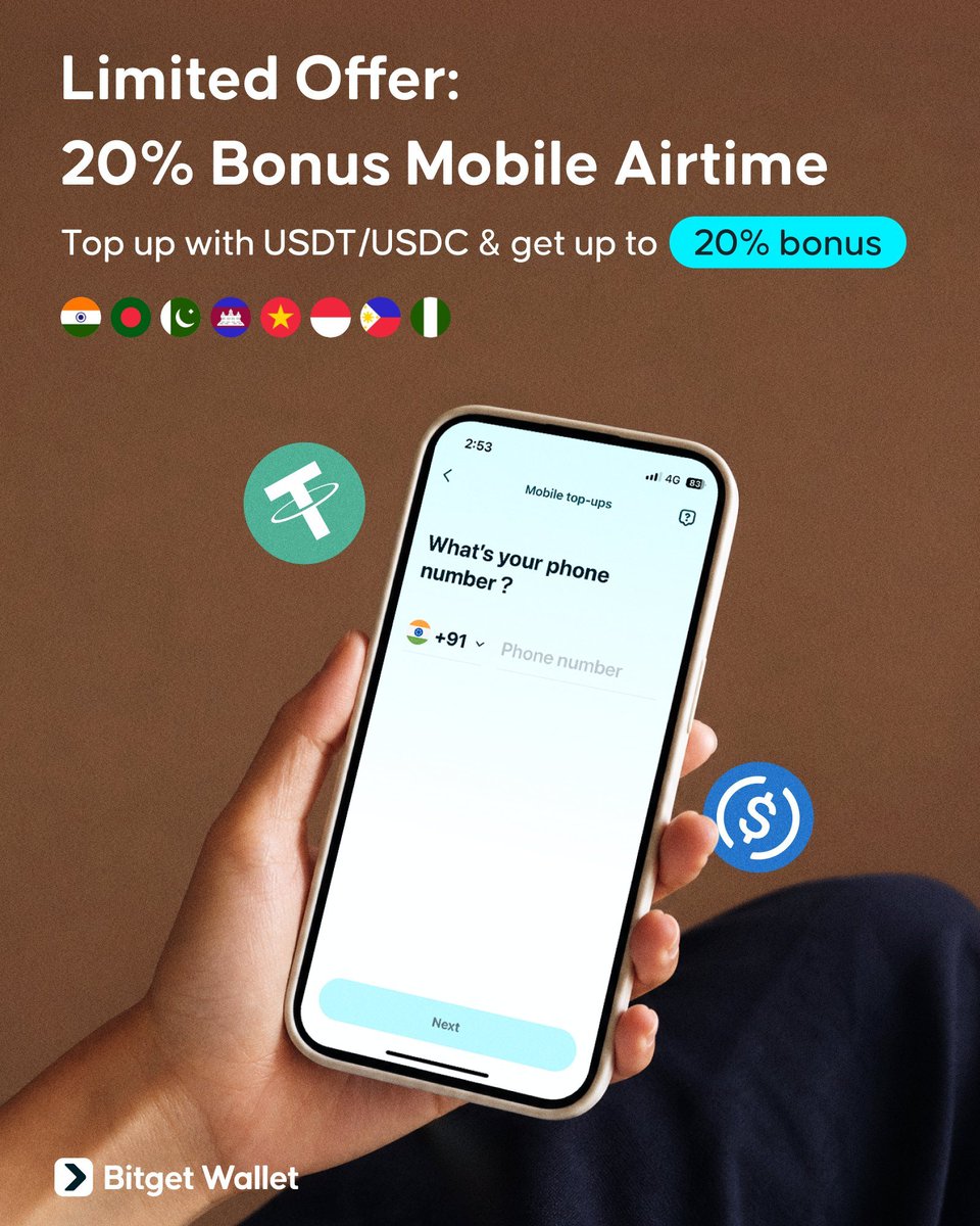 BitgetWalletVN's tweet photo. 📱 Nạp tiền điện thoại bằng crypto và nhận thêm bonus airtime ngay lập tức! 🚀

Giờ đây bạn có thể sử dụng crypto để nạp tiền điện thoại và nhận ưu đãi hấp dẫn:

🎁 Nhận thêm tới 20% airtime bonus

🌍 Áp dụng tại:

🇮🇳 Ấn Độ | 🇧🇩 Bangladesh | 🇵🇰 Pakistan | 🇰🇭 Campuchia | 🇻🇳 Việt Nam | 🇮🇩 Indonesia | 🇵🇭 Philippines | 🇳🇬 Nigeria

📌 Lưu ý:

Mỗi số điện thoại đủ điều kiện được nhận 1 lần bonus
Xem đầy đủ điều khoản tại trang sự kiện

⏰ Chương trình kết thúc vào ngày 17/06
