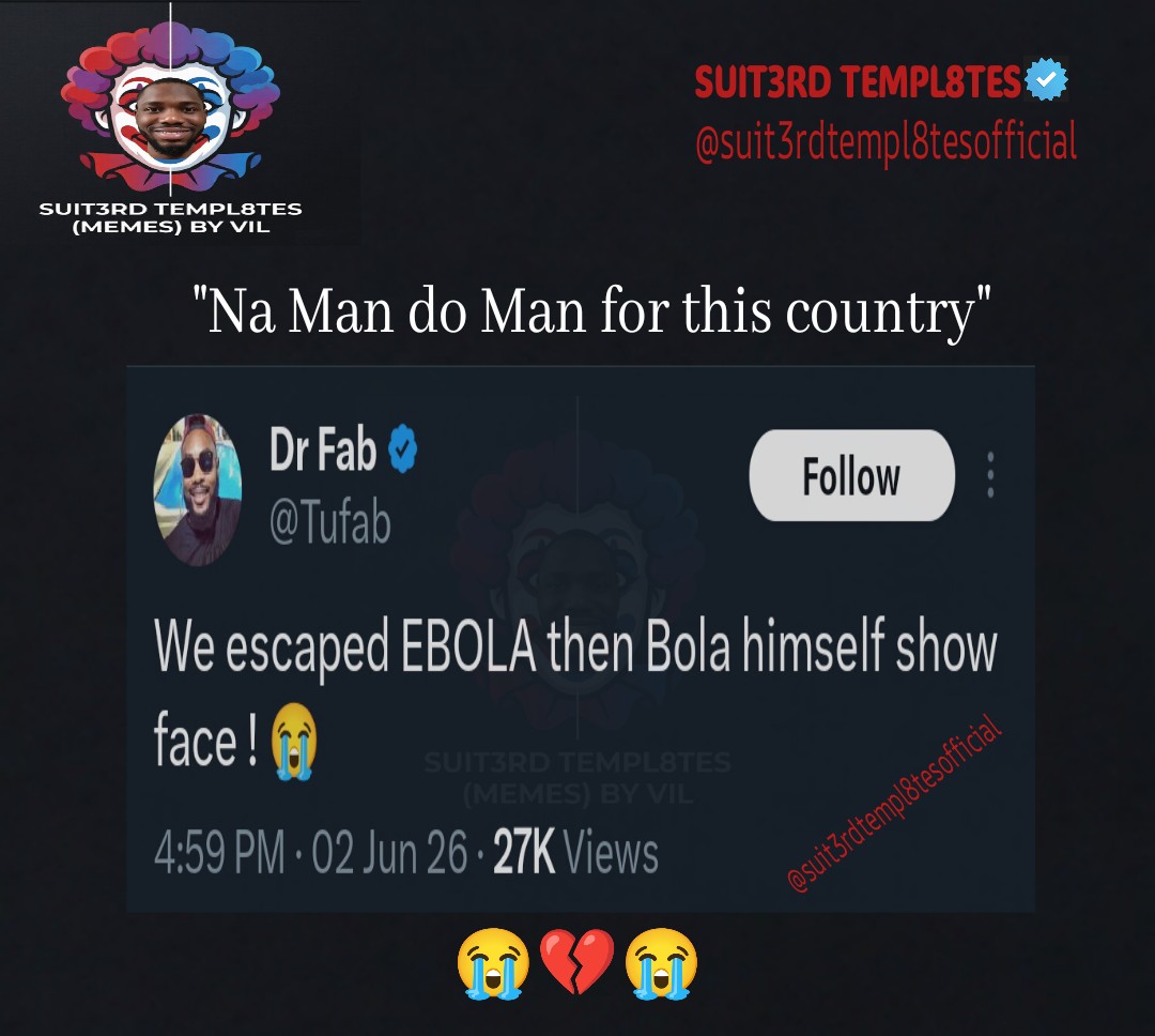 Suit3rdTempl8te's tweet photo. Na Man do Man for Nigeria ooo 😫💔

★

★

★

★

#fypシ
#viralpost
#relatable
#memes
#funny
#truth
#realmatters
#facts
#nigeriamemes
#suit3rdtempl8tes
#NSPPD
#Bankstrivia
#50km_notev
#BringBackOurChildren
World Cup | GHVKLG
YAJALZ | Jonathan 
RCCG | Adeboye https://t.co/R3swwKXvJG