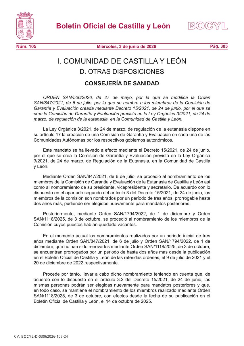 BOCYL_'s tweet photo. 🏛 CONSEJERÍA DE SANIDAD

📰 ORDEN SAN/506/2026, de 27 de mayo, por la que se modifica la Orden SAN/847/2021, de 6 de julio, por la que se nombra a los miembros de la Comisión de Garantía y Evaluación creada mediante Decreto 15/2021, de 24 de junio,...

📎 https://t.co/aG1ZhaM9CA https://t.co/iyaIRAie5V