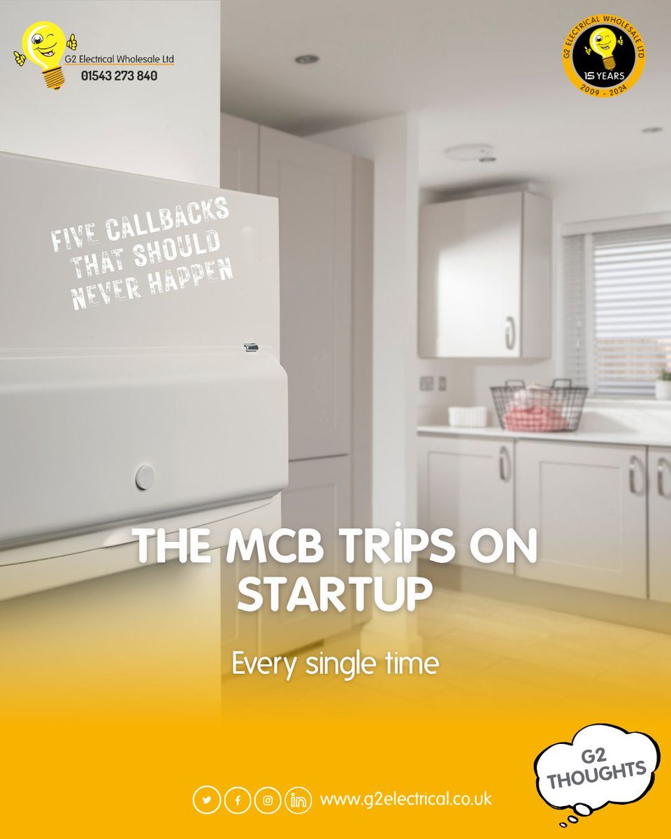 G2Electrical's tweet photo. 5 CALLBACKS THAT SHOULD NEVER HAPPEN 5.

It's a new installation. Everything looks right. But the MCB trips.

A Type B MCB trips at three to five times rated current. A motor or compressor on startup can pull six to ten times that. Need a Type C or D? Call 01543 273840. https://t.co/ND4fWqgO15