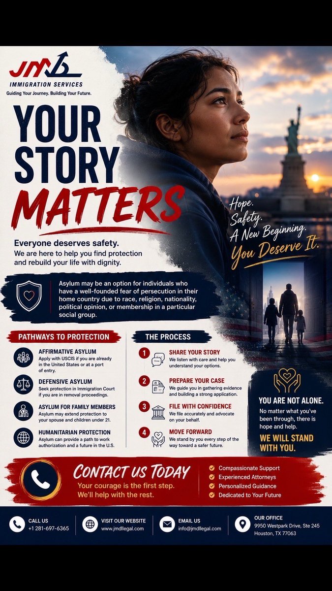 Jmdlimmigration's tweet photo. Your story matters.
Hope. Protection. A new beginning.
📩 Contact JMDL Immigration Services to learn more about your options.

#Asylum #USImmigration #YourStoryMatters #ImmigrationHelp #JMDLImmigration https://t.co/428DzohPYh