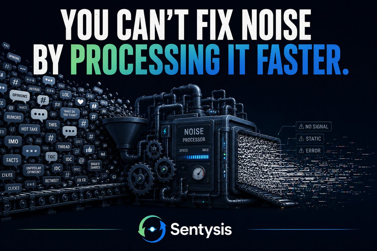 Sentysislabs's tweet photo. Everyone is trying to fix sentiment analysis. Nobody is questioning the input.

Better scraping. Cleaner NLP. Faster pipelines. The entire industry is building better infrastructure around the same broken foundation, free text. Posts that cost nothing to fake. Opinions with nothing behind them. You can't fix noise by processing it faster.

Sentysis changes the input entirely. On-chain conviction. Real beliefs. Real signal. No scraping. No guesswork. No bots.

Just what the internet actually believes.