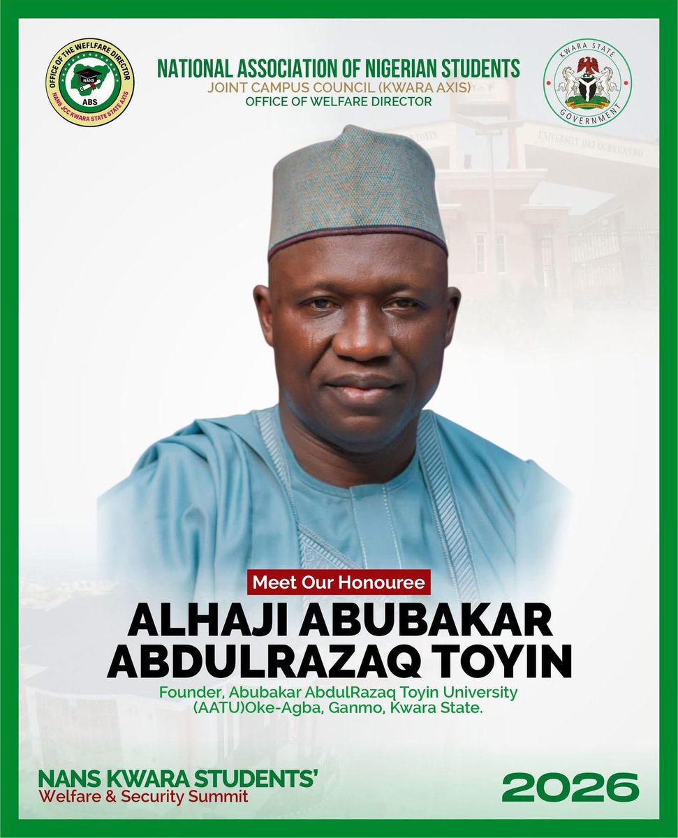 theeliteswatch's tweet photo. Students’ Welfare &amp; Security Summit: NANS Kwara Welfare Director to celebrate AAT University founder Alhaji Abubakar AbdulRazaq Toyin as ‘distinguished honouree’ at maiden summit

Read more here: https://t.co/BmdN3lCYbh https://t.co/fl3C5X4in9