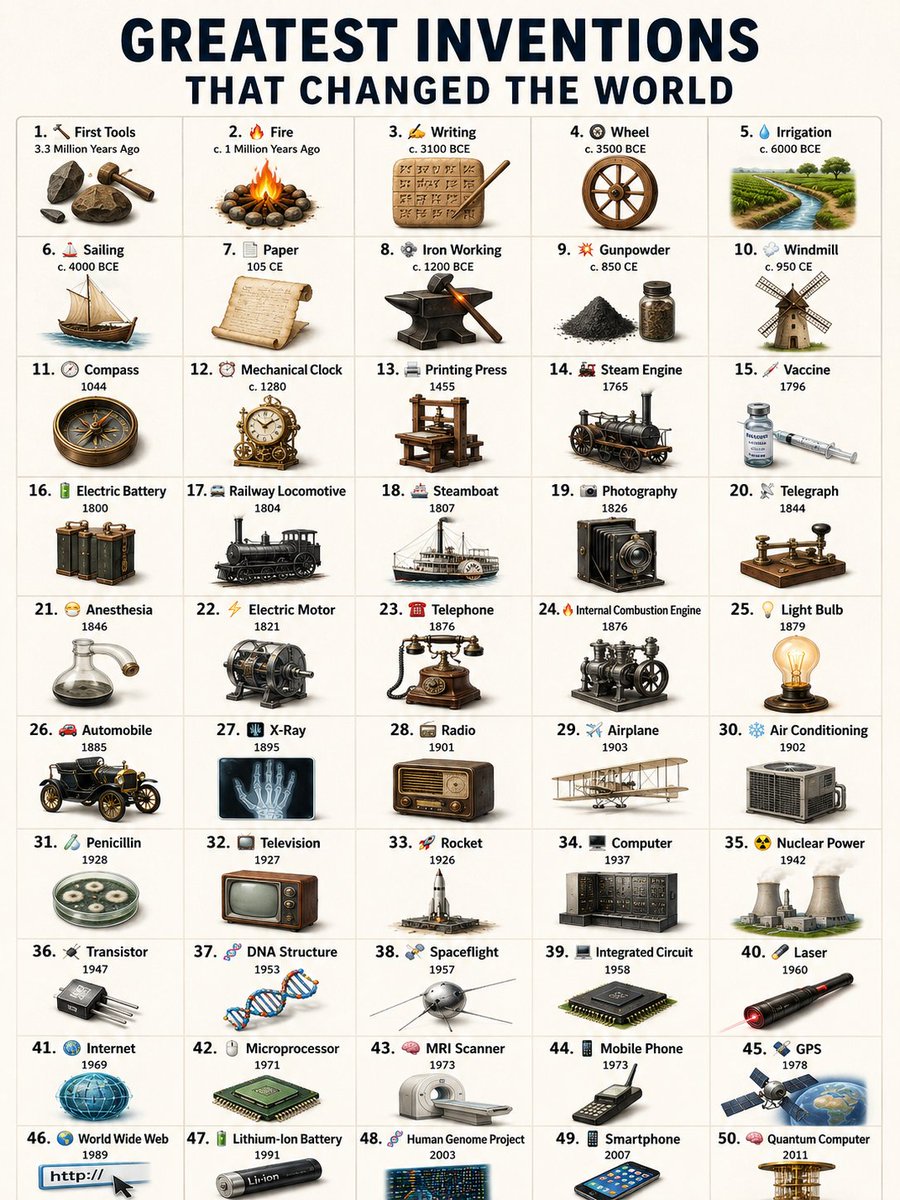 TheDataHubX's tweet photo. Greatest Inventions That Changed the World

1. 🔨 First Tools - 3.3 Million Years Ago
2. 🔥 Fire - c. 1 Million Years Ago
3. ✍️ Writing - c. 3100 BCE
4. 🛞 Wheel - c. 3500 BCE
5. 💧 Irrigation - c. 6000 BCE
6. ⛵ Sailing - c. 4000 BCE
7. 📄 Paper - 105 CE
8. 🔩 Iron Working - c. 1200 BCE
9. 💥 Gunpowder - c. 850 CE
10. 🌬️ Windmill - c. 950 CE
11. 🧭 Compass - 1044
12. ⏰ Mechanical Clock - c. 1280
13. 🖨️ Printing Press - 1455
14. 🚂 Steam Engine - 1765
15. 💉 Vaccine - 1796
16. 🔋 Electric Battery - 1800
17. 🚆 Railway Locomotive - 1804
18. 🚢 Steamboat - 1807
19. 📷 Photography - 1826
20. 📡 Telegraph - 1844
21. 😷 Anesthesia - 1846
22. ⚡ Electric Motor - 1821
23. ☎️ Telephone - 1876
24. 🔥 Internal Combustion Engine - 1876
25. 💡 Light Bulb - 1879
26. 🚗 Automobile - 1885
27. 🩻 X-Ray - 1895
28. 📻 Radio - 1901
29. ✈️ Airplane - 1903
30. ❄️ Air Conditioning - 1902
31. 🧫 Penicillin - 1928
32. 📺 Television - 1927
33. 🚀 Rocket - 1926
34. 🖥️ Computer - 1937
35. ☢️ Nuclear Power - 1942
36. 🔌 Transistor - 1947
37. 🧬 DNA Structure - 1953
38. 🛰️ Spaceflight - 1957
39. 💻 Integrated Circuit - 1958
40. 🔦 Laser - 1960
41. 🌐 Internet - 1969
42. 🖱️ Microprocessor - 1971
43. 🧠 MRI Scanner - 1973
44. 📱 Mobile Phone - 1973
45. 🛰️ GPS - 1978
46. 🌍 World Wide Web - 1989
47. 🔋 Lithium-Ion Battery - 1991
48. 🧬 Human Genome Project - 2003
49. 📲 Smartphone - 2007
50. 🧠 Quantum Computer - 2011