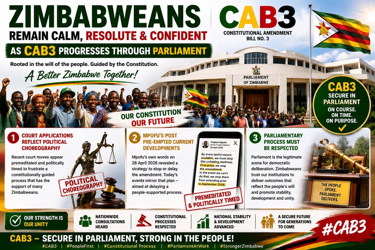 AMtombenni's tweet photo. Zimbabweans continue to demonstrate confidence in #ConstitutionalInstitutions as #CAB3 progresses through #Parliament. The focus remains on #DemocraticProcesses, #PublicParticipation & respecting the will expressed during nationwide consultations. #DemocracyInAction https://t.co/hMMypLWbGR