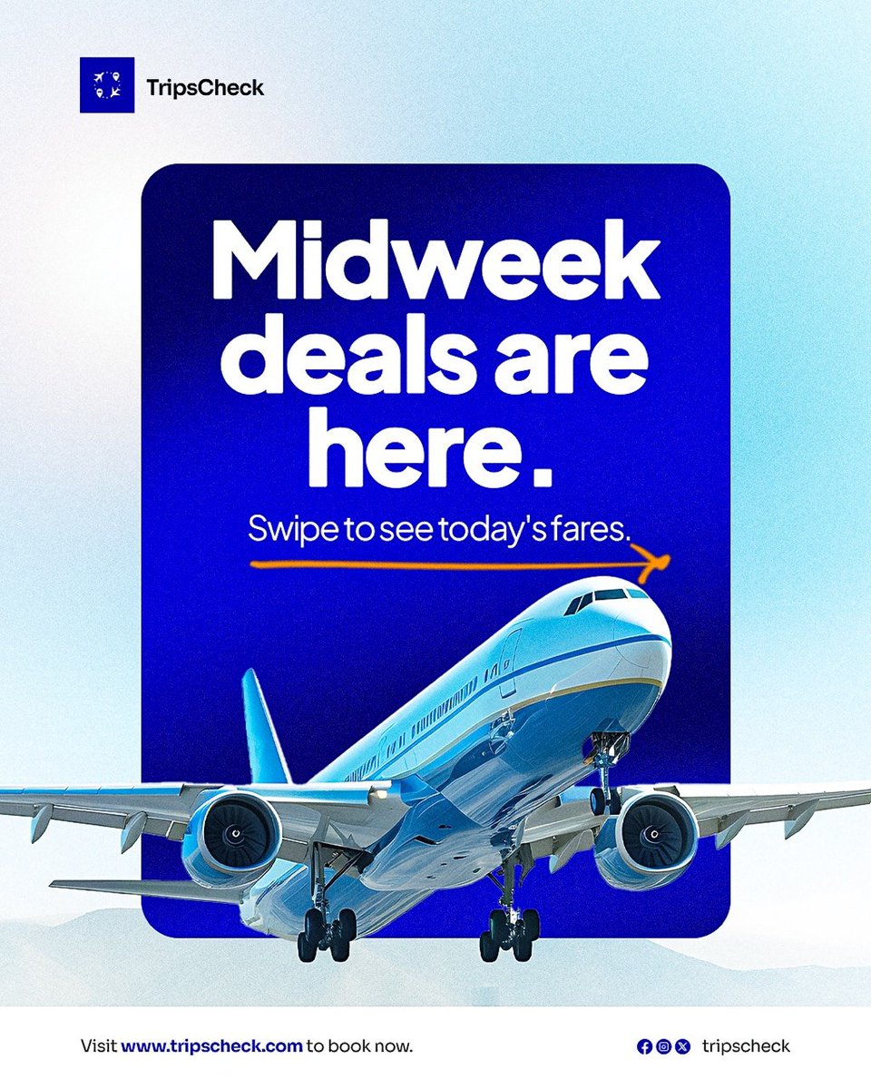 tripscheck's tweet photo. Midweek deals are here 🔥
Swipe to see today's fares.

Find more flight options at https://t.co/AYJvQNSJws

#TripsCheck #flightdeals #midweekdeals #explorenigeria https://t.co/LXFQ3ghm2J