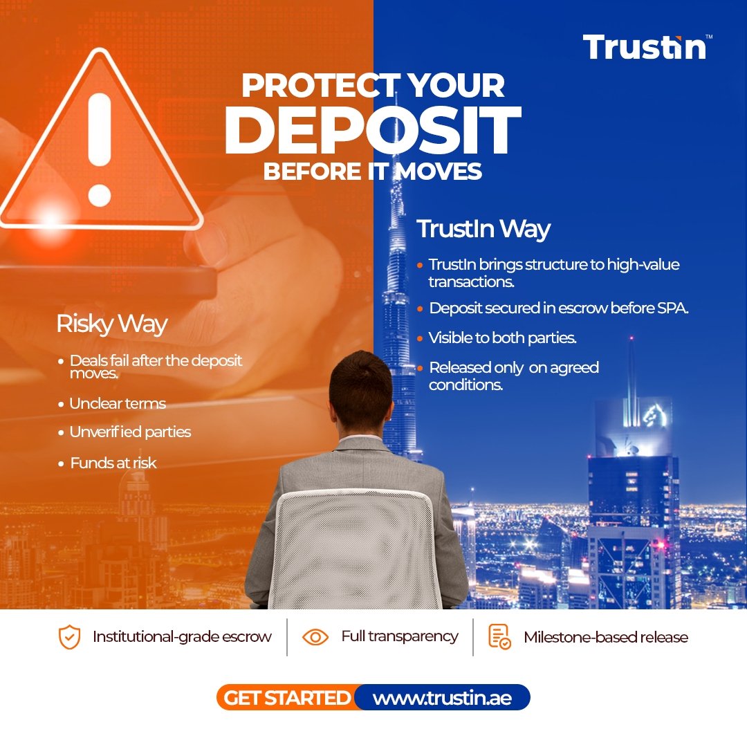 WerTrustIn's tweet photo. Protect your deposit before it moves.

TrustIn secures funds in escrow, keeps both parties informed, and releases funds only when agreed conditions are met.

🔐 Secure every transaction with TrustIn
👉🔗 https://t.co/jXW85MTcDH

#TrustIn #UAERealEstate #DigitalEscrow #Property https://t.co/gEgxSbrvvF