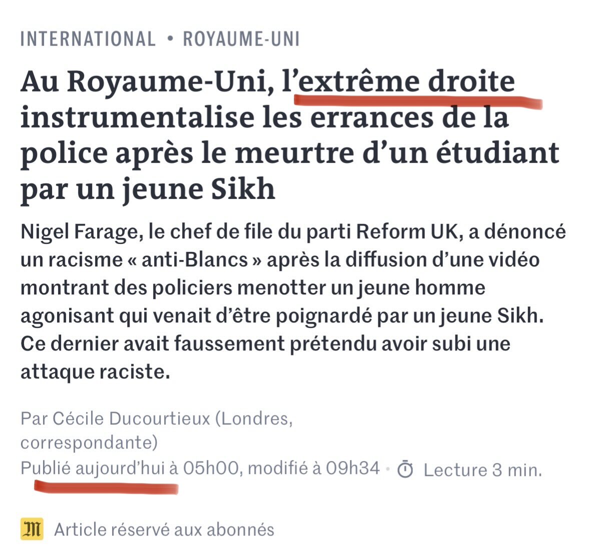 french_report78's tweet photo. 🔴🇬🇧🇫🇷 Henry Nowak’s Murder: The Double Standard of France’s Left-Wing Legacy Media

Two Le Monde headlines. Same journalist. Two radically different frames.

In 2020, after George Floyd’s death, Cécile Ducourtieux (Le Monde’s permanent correspondant in London) wrote:

✅“British minorities, angry at ‘institutional racism’, pay tribute to George Floyd.”

The framing was sympathetic: minorities, anger, institutional racism, tribute.

But after the murder of 18-year-old Henry Nowak — stabbed by a young Sikh man who falsely claimed he had been racially attacked — the headline became:

❌“In the United Kingdom, the far right instrumentalises police failings after the murder of a student by a young Sikh.”

This time, the story is not centred on the dead teenager.

Not on Henry Nowak.

Not on the false racism allegation.

Not on the police handcuffing a dying boy.

The central frame becomes: “the far right instrumentalises.”

Shame on you @c_ducourtieux