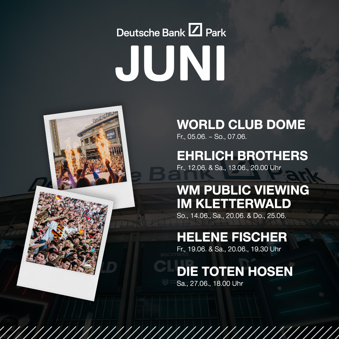 DeuBaPark's tweet photo. Der Juni hat es in sich!✨ Im Deutsche Bank Park jagt ein Highlight das nächste: Konzerte, Feste und WM! Kommt vorbei und erlebt die schönsten Momente des Sommers mit uns. 🎶📷
.
.
#frankfurt #Konzerte #deutschebankpark #kletterwald #worldclubdome https://t.co/rCFuzdIPAx